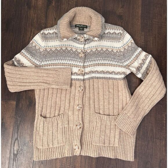 Eddie Bauer Sweaters - Eddie Bauer Seattle Sweater Womens Med Beige Fair Isle Cardigan Buttons Pocket